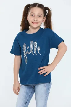 Kız Çocuk Likralı Bisiklet Yaka Pullu T-shirt Petrol
