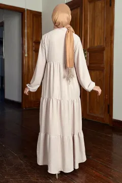 Pileli Bilekleri Lastikli Kadın Elbise Bej