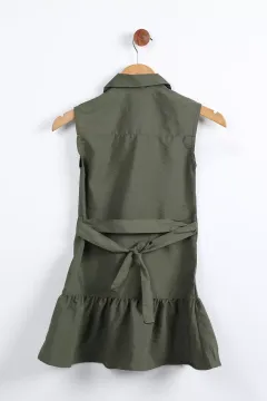 Polo Yaka Çift Cepli Etek Ucu Pileli Kuşaklı Kız Çocuk Paraşüt Kumaş Elbise Haki
