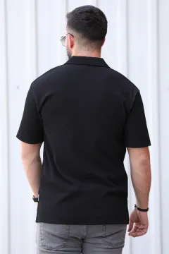 Polo Yaka Kendinden Çizgi Desenli Tişört Siyah