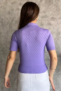 Polo Yaka Kendinden Desenli Ön Düğme Detaylı Kadın Likralı Triko Bluz Lila
