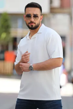 Polo Yaka Likralı Basic Erkek Tişört Krem