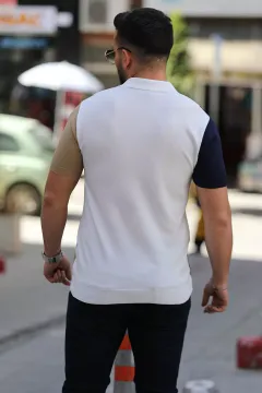 Polo Yaka Yarım Fermuarlı Renk Bloklu Erkek Likralı Tişört Beyaz