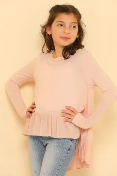 Kız Çocuk Likralı Fırfırlı Sırt Detaylı Bluz Pudra