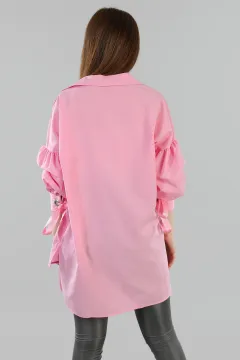 Kadın Kol Ucu Bağlamalı Salaş Tunik Gömlek Pudra