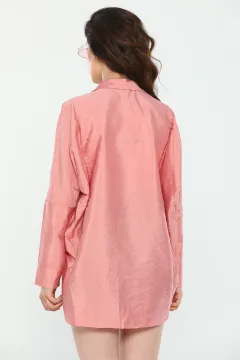 Kadın Oversize Uzun Kollu Ayrobin Gömlek Pudra