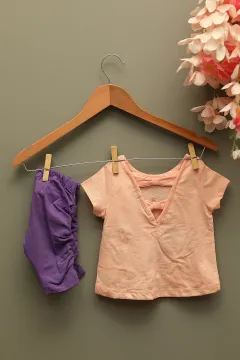 Kız Bebek Bisiklet Yaka Baskılı T-shirt Tayt İkili Takım Pudra