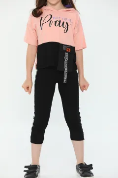 Kız Çocuk Likralı Kapüşonlu Baskılı Cep Detaylı T-shirt Tayt İkili Takım Pudra