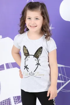 Pul Detaylı Baskılı Kız Çocuk T-shirt Gri