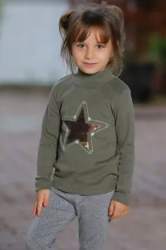 Pul Detaylı Kız Çocuk Sweatshirt Haki