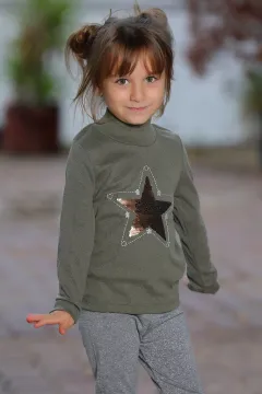 Pul Detaylı Kız Çocuk Sweatshirt Haki