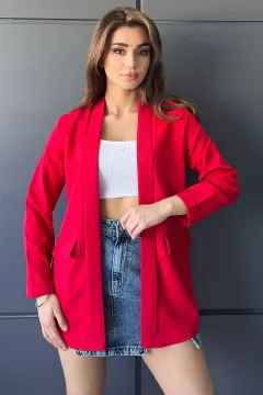 Sahte Cep Detaylı Duble Kol Kadın Ceket Kırmızı
