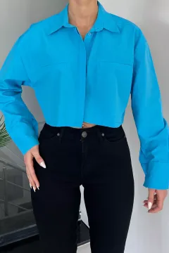 Sahte Cep Detaylı Kadın Gömlek Mavi