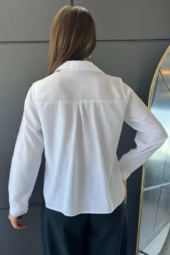 Sahte Cep Detaylı Uzun Kol Kadın Gömlek Beyaz
