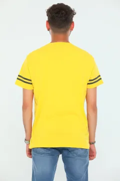 Erkek Likralı Bisiklet Yaka Baskılı T-shirt Sarı