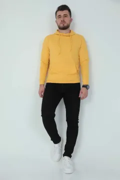 Erkek 2 İp Şardonlu Kapüşonlu Kanguru Cep Sweatshirt Sarı
