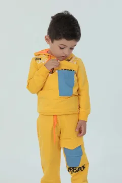 Erkek Çocuk Kapüşonlu Baskılı Sahte Cep Detaylı İkili Takım Sarı