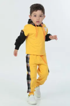 Erkek Çocuk Kapüşonlu Ekose Desenli Baskılı İkili Takım Sarı