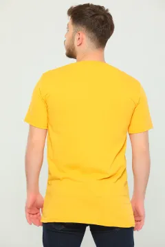 Erkek Likralı Bisiklet Yaka Baskılı Slim Fit T-shirt Sarı