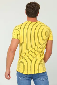 Erkek Likralı Bisiklet Yaka Dik Çizgili T-shirt Sarı