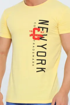 Erkek Likralı Bisiklet Yaka Slim Fit Baskılı T-shirt Sarı