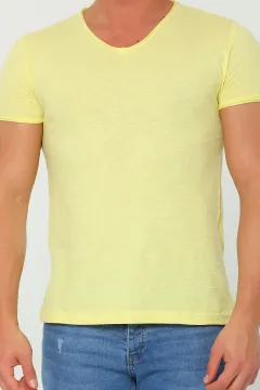 Erkek Likralı V Yaka Basic T-shirt Sarı