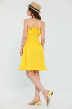 Kadın Ayarlanabilir İp Askılı Eteği Fırfırlı Yazlık Mini Elbise Sarı
