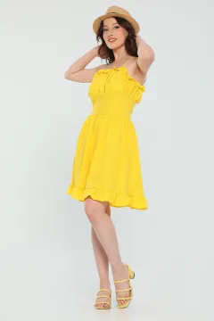 Kadın Ayarlanabilir İp Askılı Eteği Fırfırlı Yazlık Mini Elbise Sarı