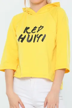 Kadın Kapüşonlu Kapri Kol Mevsimlik Spor Crop Sweatshirt Sarı