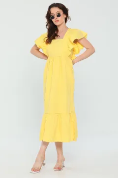 Kadın Kare Yaka Kol Fırfırlı Midi Boy Yazlık Elbise Sarı
