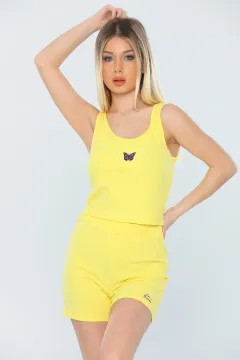 Kadın Likralı Kaşkorse Bluz Şort İkili Takım Sarı