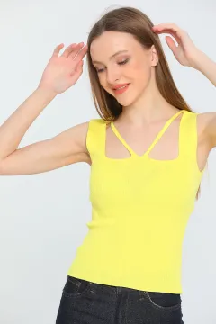 Kadın Likralı Ön Sırt Detaylı Crop Body Triko Bluz Sarı
