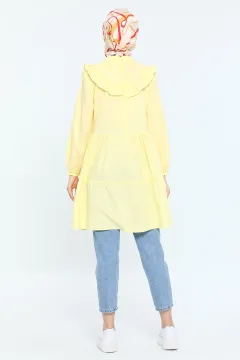 Kadın Modest Ön Arka Fırfırlı Eteği Katlı Salaş Tesettür Tunik Sarı