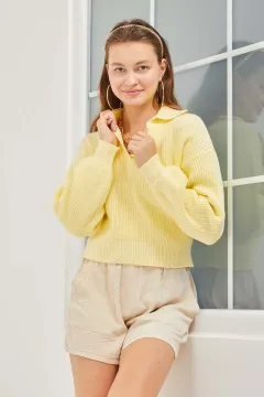 Kadın V Gömlek Yaka Örme Triko Kazak Sarı