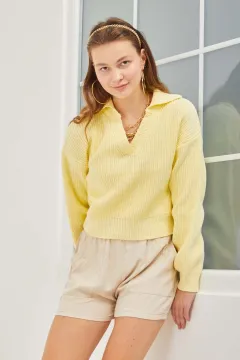 Kadın V Gömlek Yaka Örme Triko Kazak Sarı
