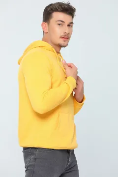 Erkek Kapüşonlu Kanguru Cepli Basic Sweatshirt Sarı
