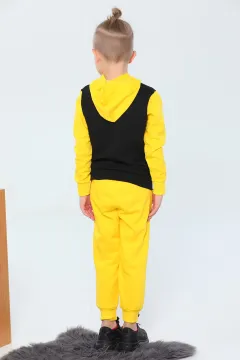 Erkek Çocuk Kapüşonlu Şardonlu Baskılı Eşofman Takımı Sarı