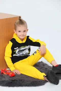 Erkek Çocuk Kapüşonlu Şardonlu Baskılı Eşofman Takımı Sarı