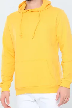 Erkek Sevgili Kombini Kapüşonlu Şardonlu Basic Sweatshırt Sarı