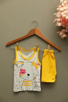Kız Bebek Bisiklet Yaka Baskılı Sıfır Kol T-shirt Şort İkili Takım Sarı