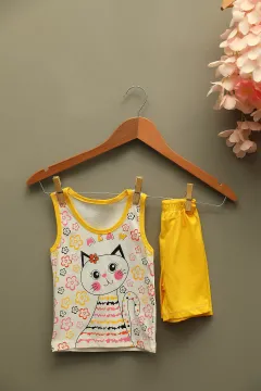 Kız Bebek Bisiklet Yaka Baskılı Sıfır Kol T-shirt Şort İkili Takım Sarı
