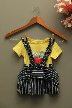 Kız Bebek Likralı Baskılı T-shirt Çizgili Salopet Etek İkili Takım Sarı