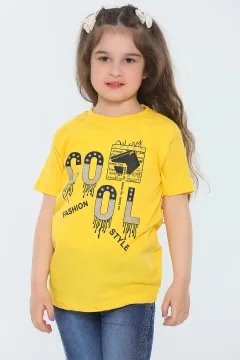 Kız Çocuk Likralı Bisiklet Yaka Baskılı T-shirt Sarı