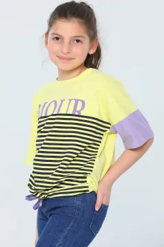 Kız Çocuk Likralı Bisiklet Yaka Çizgili Bel Detaylı T-shirt Sarı