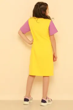 Kız Çocuk Likralı Bisiklet Yaka Kısa Kollu Elbise Sarı