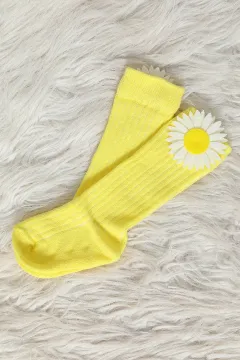 Kız Çocuk Papatyalı Dizaltı Çorap Sarı