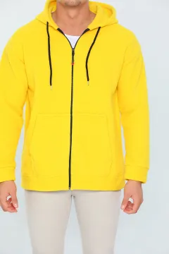Erkek Likralı Sevgili Kombini Kapüşonlu Polar Sweatshirt Sarı