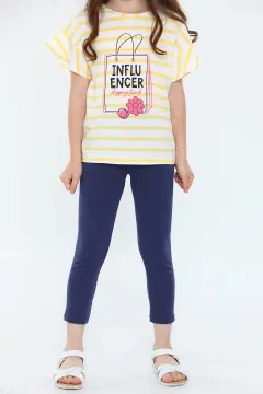 Kız Çocuk Likralı Bisiklet Yaka Baskılı T-shirt Penye Pantolon İkili Takım Sarılacivert