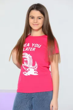 Kız Çocuk Likralı Baskılı T-shirt Fuşya