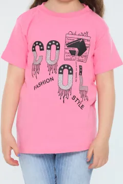 Kız Çocuk Likralı Bisiklet Yaka Baskılı T-shirt Şeker Pembe